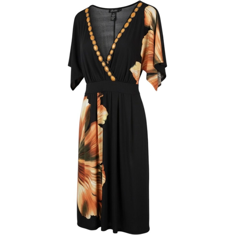 Roulette Black Floral Surplice Dress Orange Stone Neckline Kimono Sleeve Large